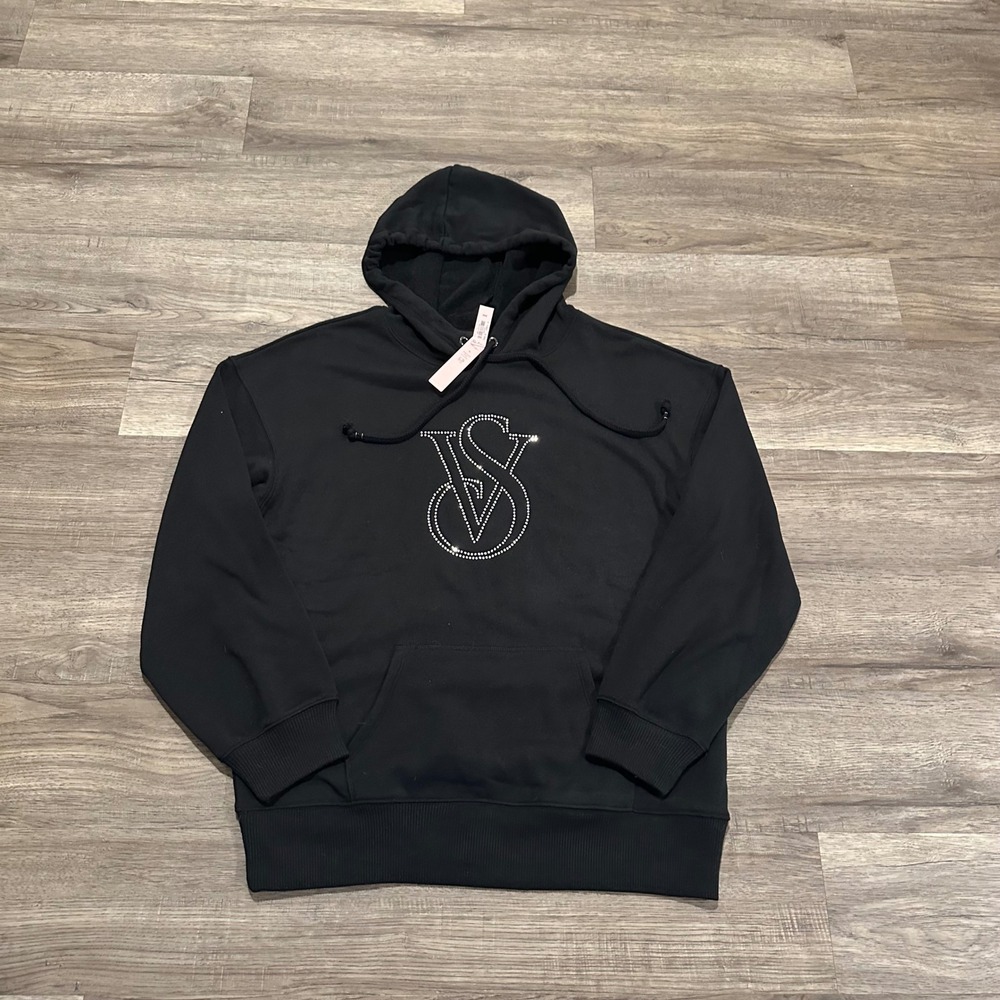 Victorias Secret Black Rhinestone Logo Pullover Hoodie Sweatshirt Medium NEW